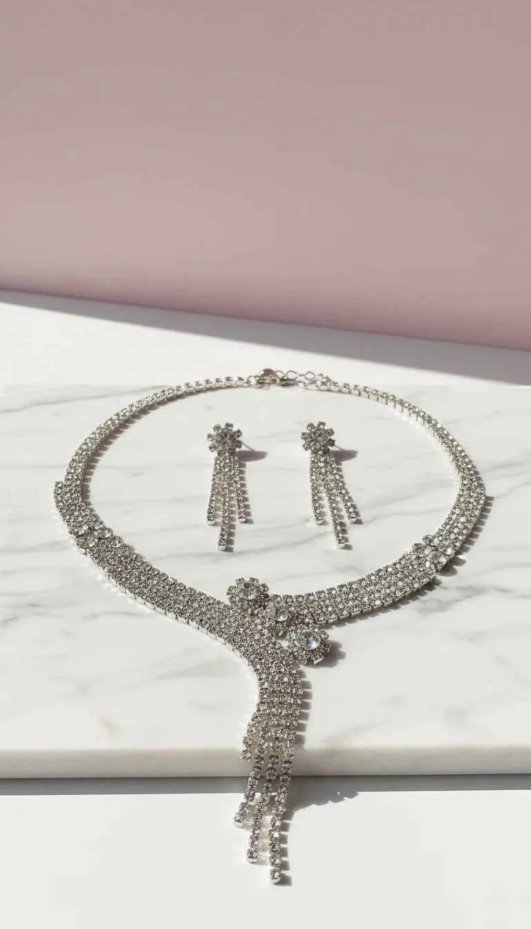 Curved Tassel Statement Crystal Necklace & Earrings Set
