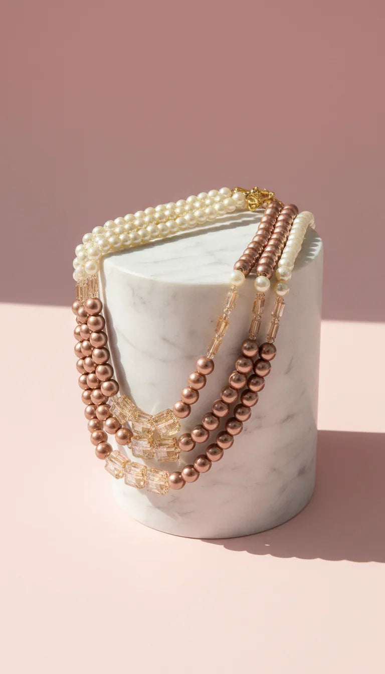 Square Crystal & Pearl Multi Layer Necklace & Earrings Set