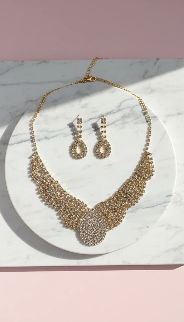 Oval Crystal Collar Statement Necklace & Earrings Set