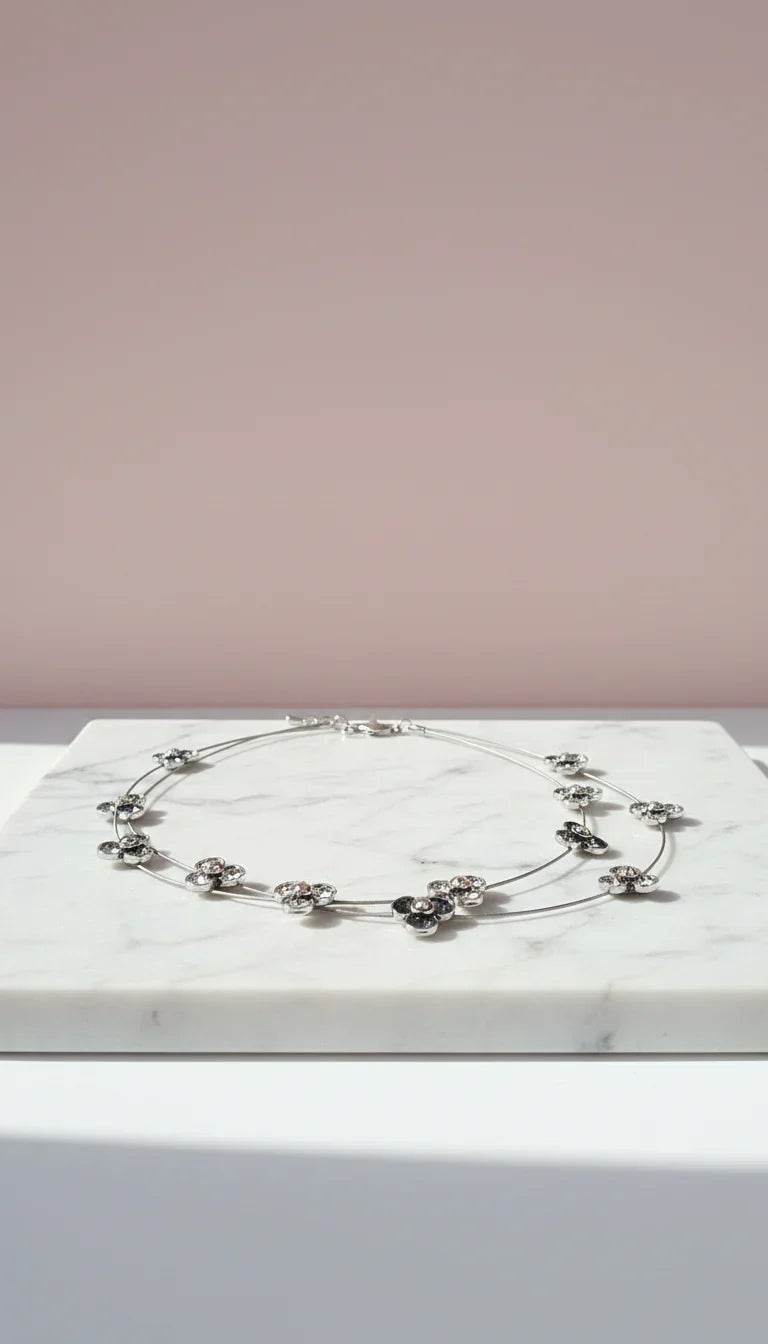Layered Flower Silver Statement Necklace