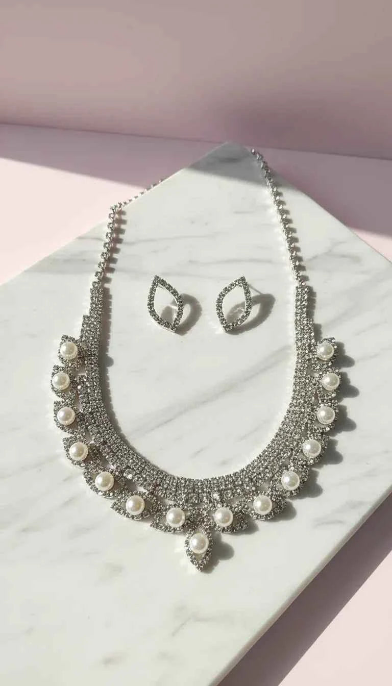 Pearl Statement Crystal Necklace & Earrings Set
