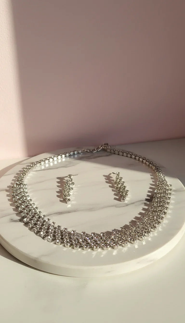 Curved Statement Crystal Necklace & Earrings Set