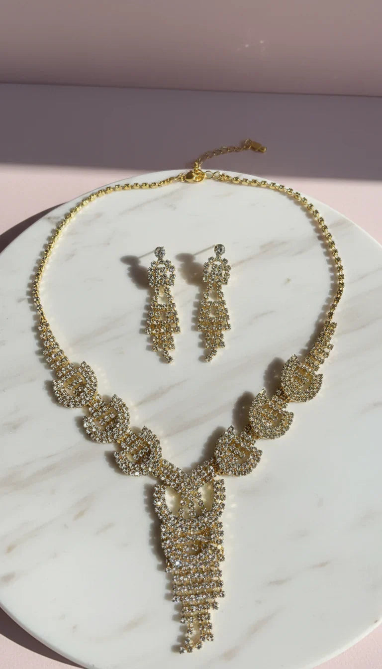 Linked Cluster Crystal Statement Necklace & Earrings Set