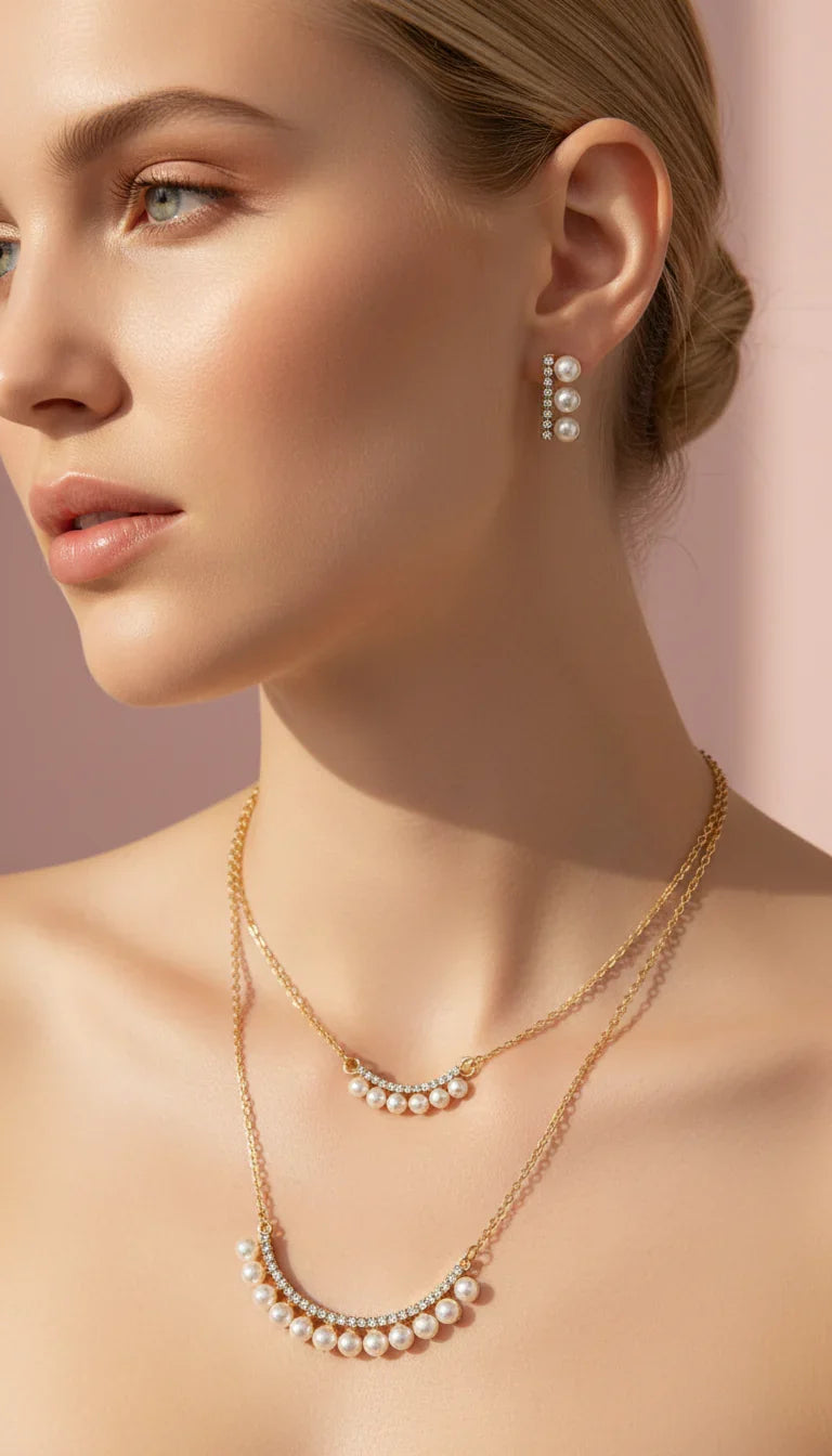 Curved Crystal Pearl Pendant Necklace & Earring Set