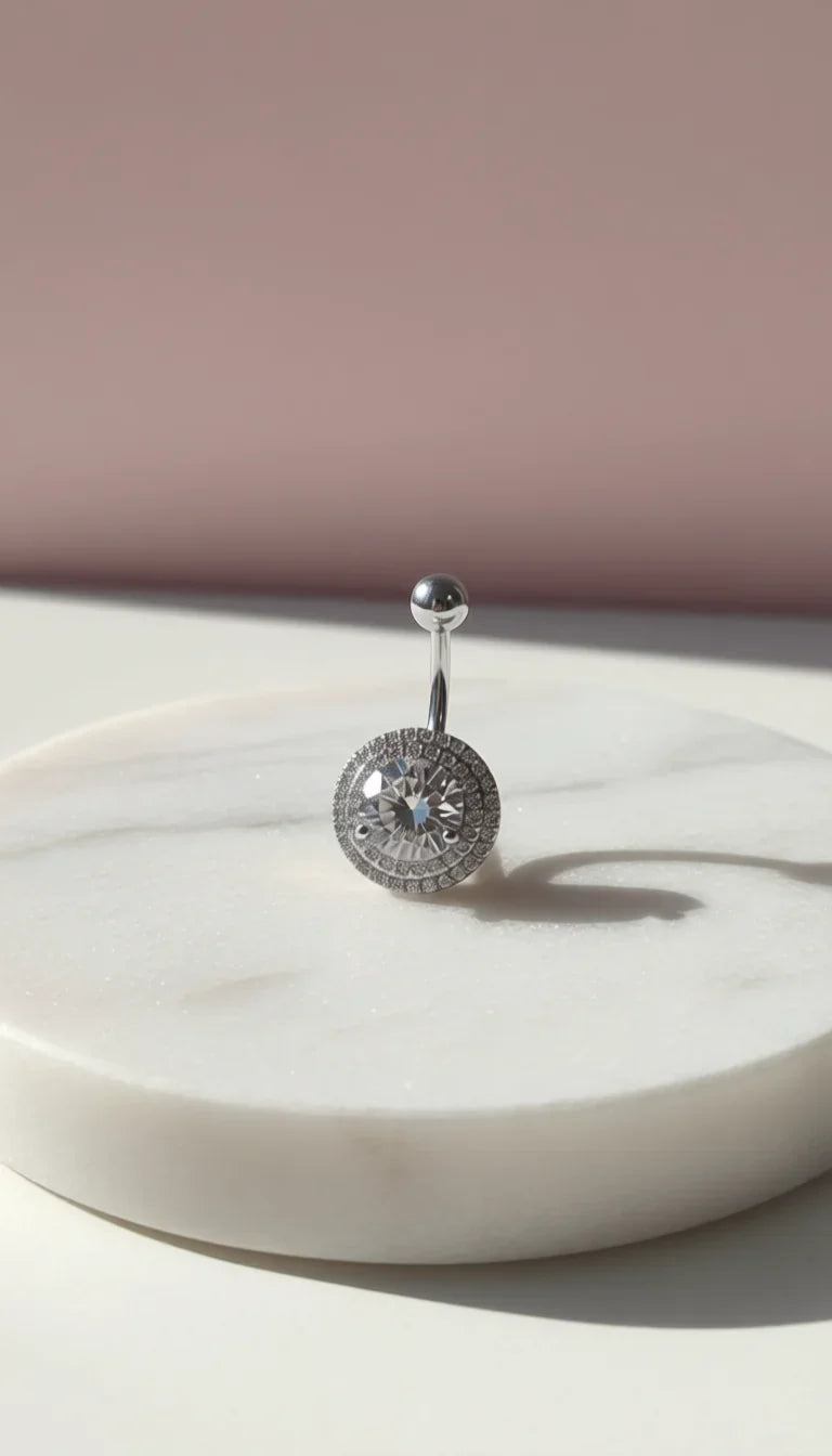 Round Cut Gold Plated Stainless Steel Crystal Belly Bar