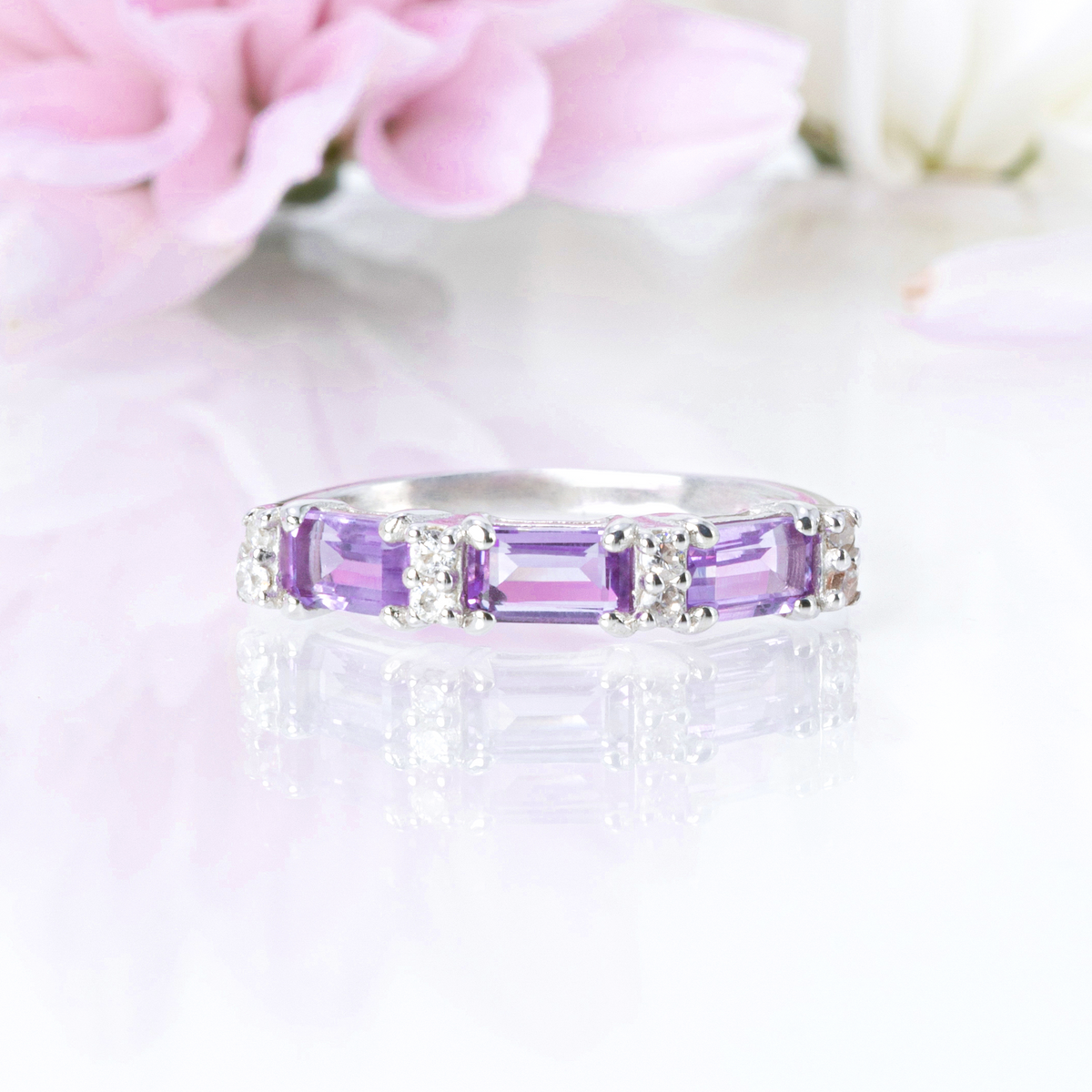 Lavender Amethyst Emerald Cut Eternity Ring in Sterling Silver