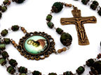 Saint Paul moss jasper gemstone rosary beads with bronze Holy Trinity crucifix.