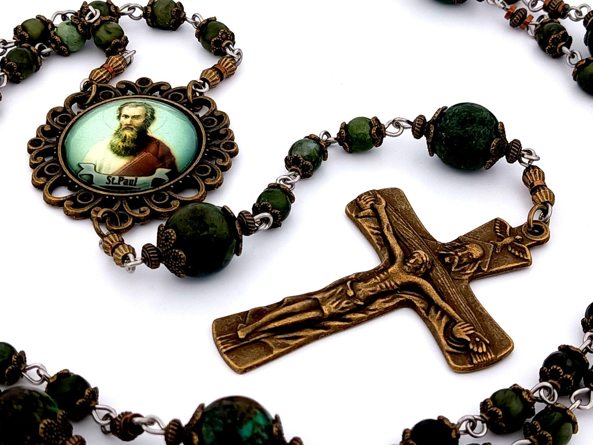 Saint Paul moss jasper gemstone rosary beads with bronze Holy Trinity crucifix.
