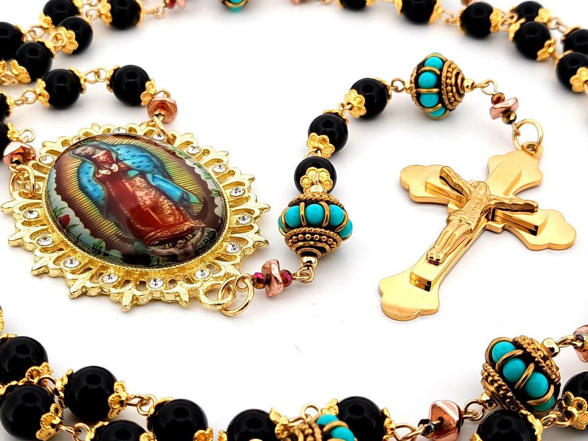 Our Lady of Guadalupe onyx gemstone rosary beads with gold plated 3D stainless steel crucifix.