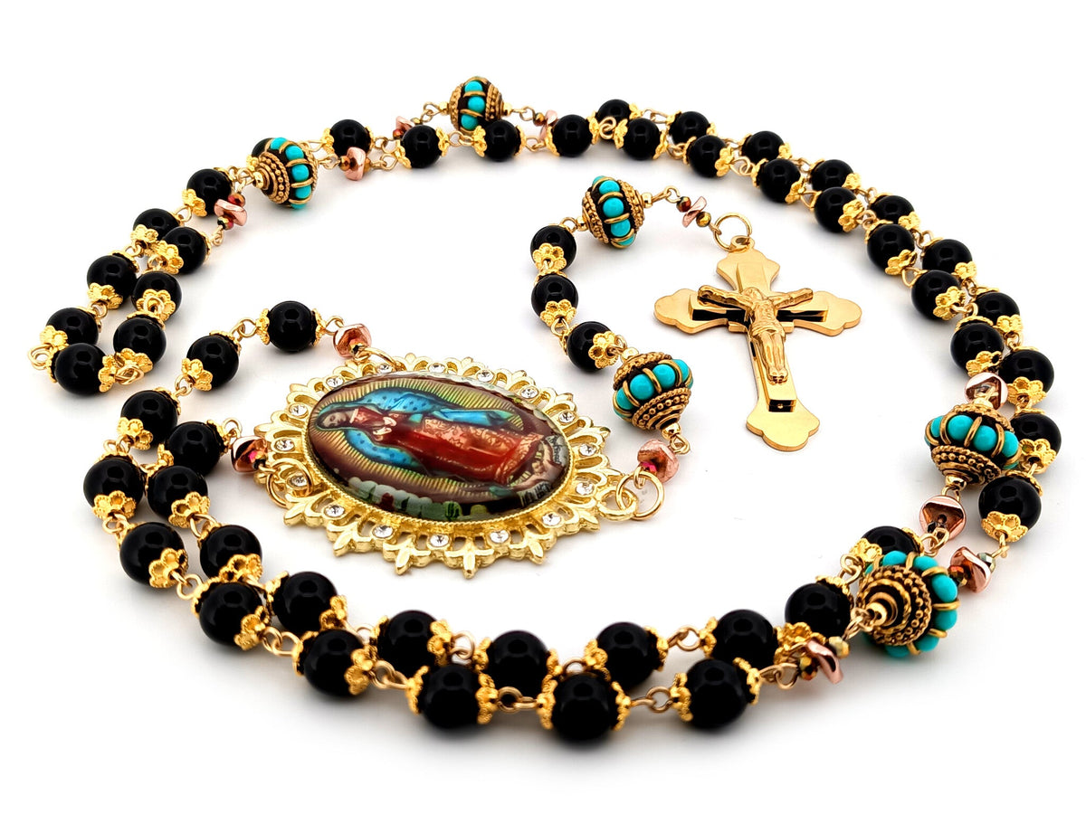 Our Lady of Guadalupe onyx gemstone rosary beads with gold plated 3D stainless steel crucifix.