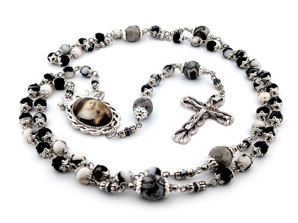 Saint Rita zebra and map jasper gemstone rosary beads with silver plated lily crucifix.