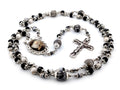 Saint Rita zebra and map jasper gemstone rosary beads with silver plated lily crucifix.