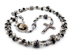 Saint Rita zebra and map jasper gemstone rosary beads with silver plated lily crucifix.