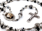 Saint Rita zebra and map jasper gemstone rosary beads with silver plated lily crucifix.
