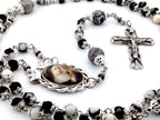 Saint Rita zebra and map jasper gemstone rosary beads with silver plated lily crucifix.