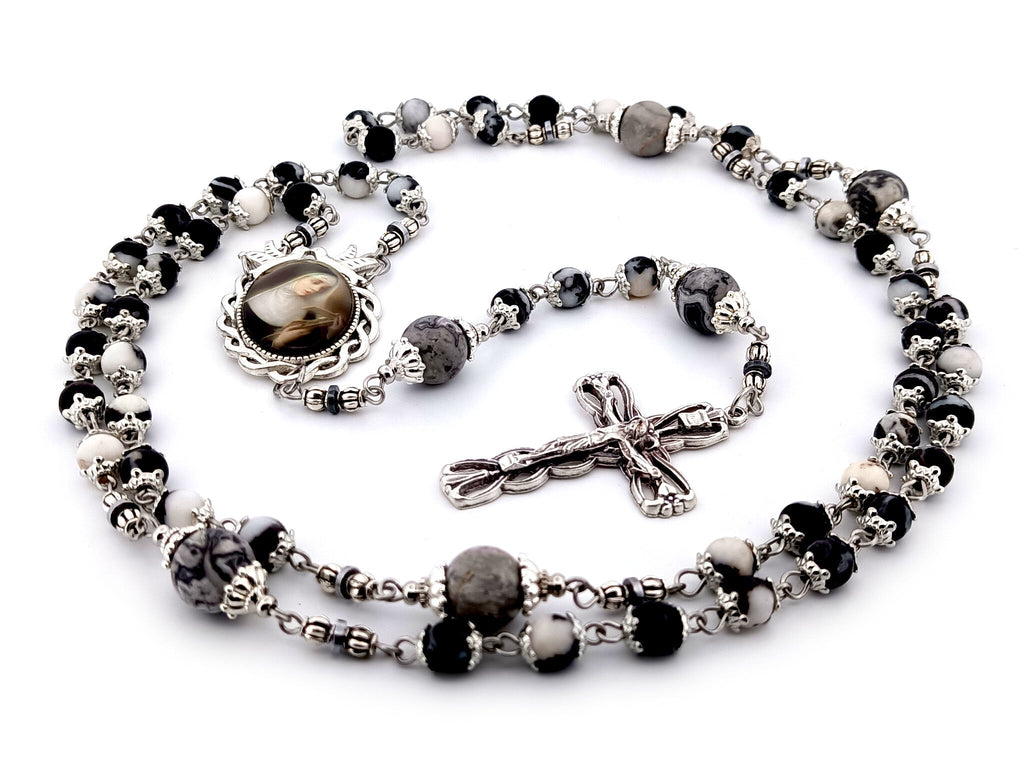 Saint Rita zebra and map jasper gemstone rosary beads with silver plated lily crucifix.