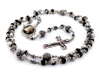 Saint Rita zebra and map jasper gemstone rosary beads with silver plated lily crucifix.