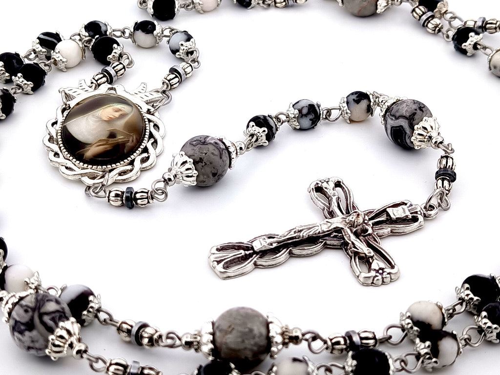 Saint Rita zebra and map jasper gemstone rosary beads with silver plated lily crucifix.