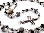 Saint Rita zebra and map jasper gemstone rosary beads with silver plated lily crucifix.