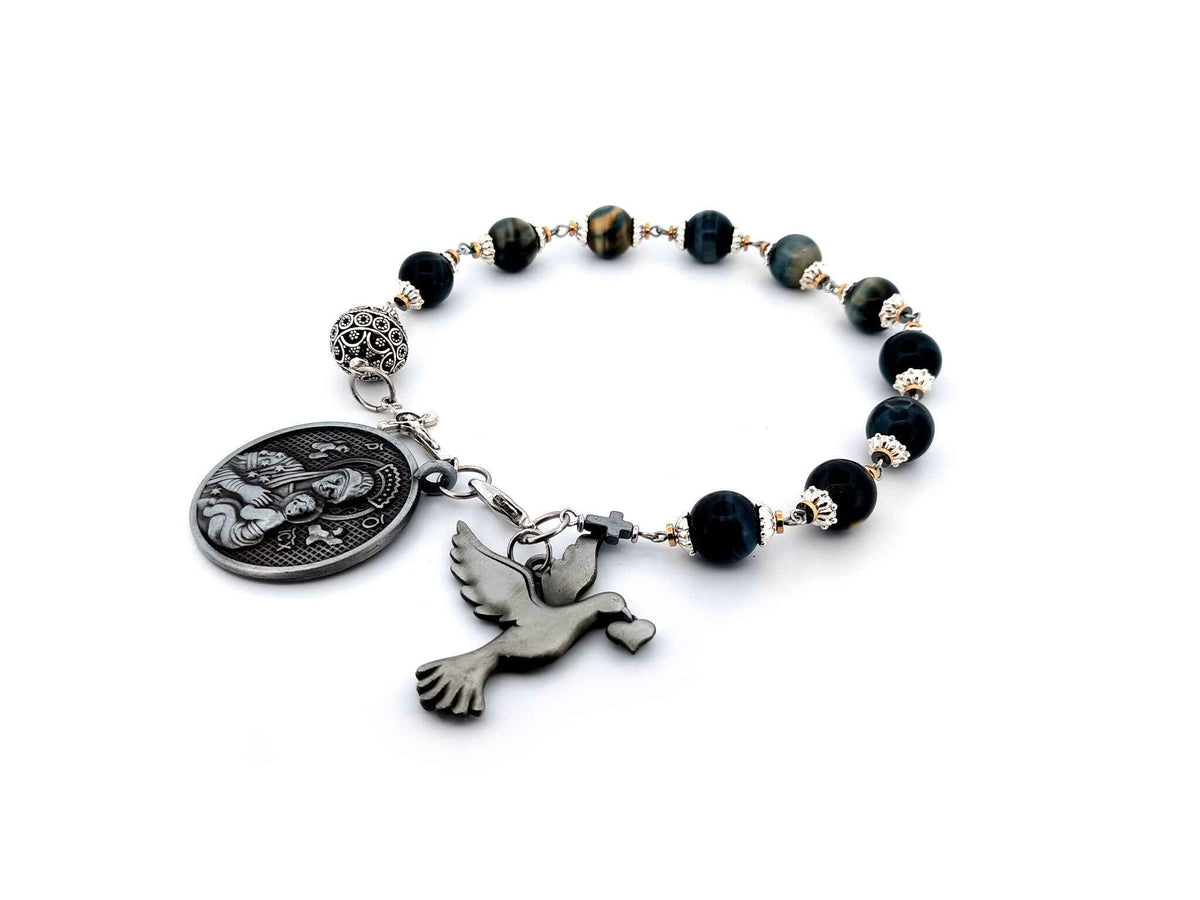 Our Lady of Perpetual Help tigers eye gemstone single decade rosary beads with large pewter dove medal.