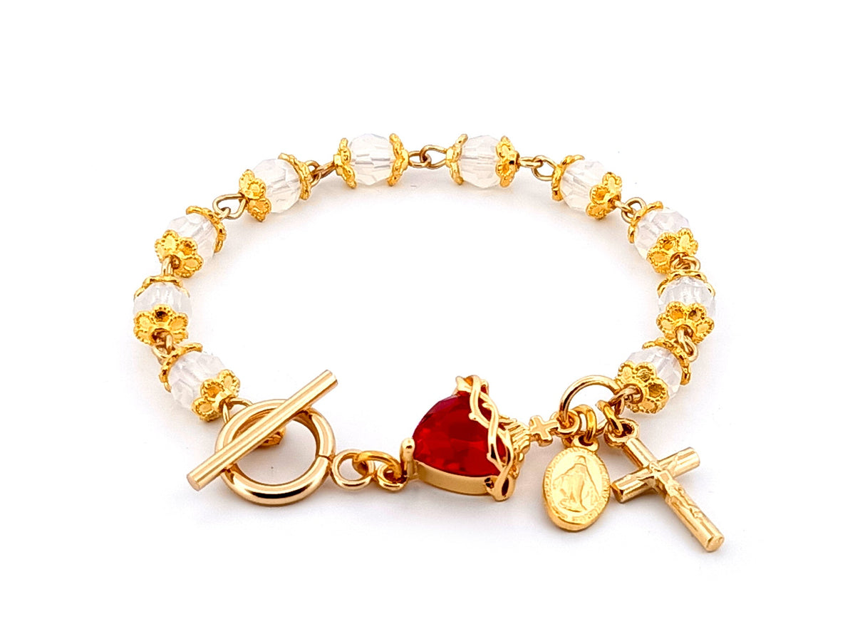 Sacred Heart Preciosa crystal and 18ct gold single decade rosary bead bracelet with Miraculous medal.