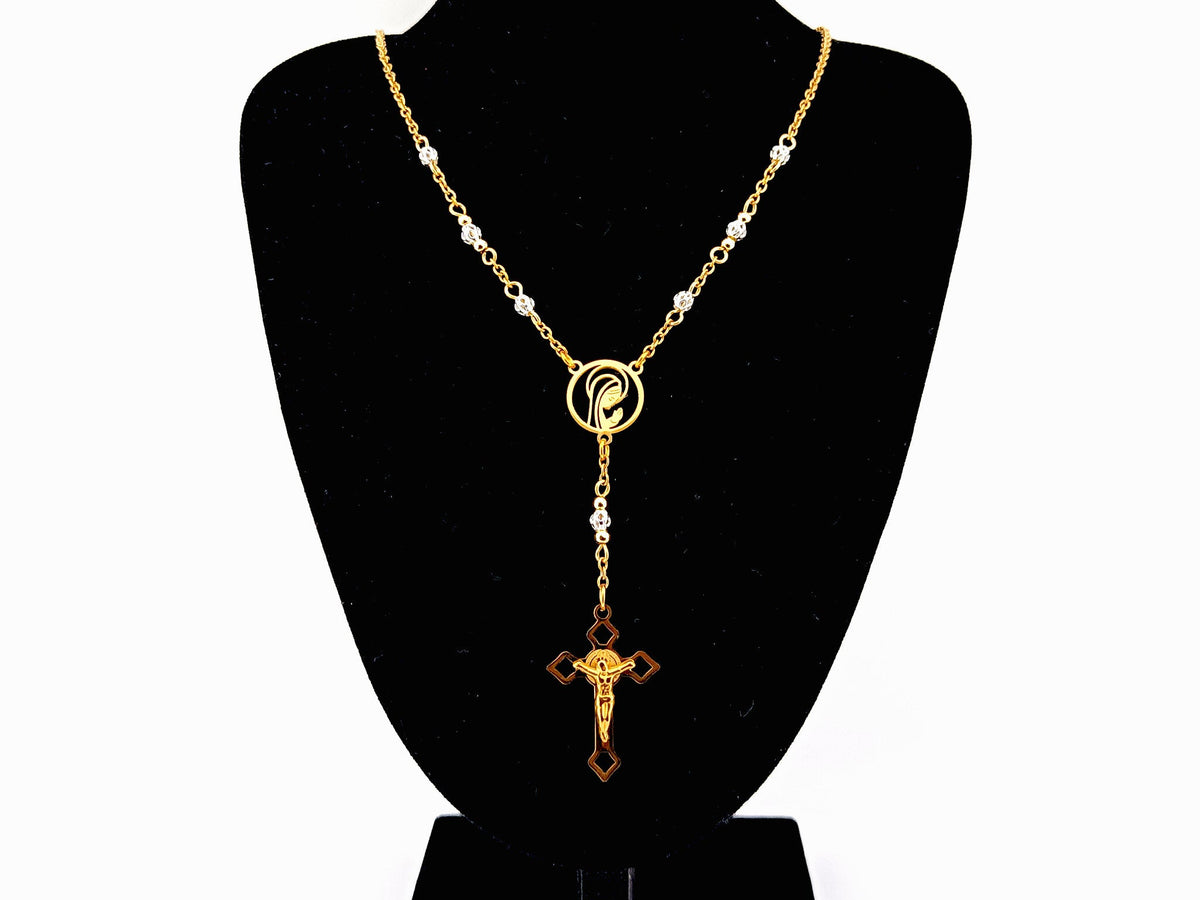 Praying Virgin Mary 925 sterling silver and 18K gold plated stainless steel necklace with small Saint Benedict crucifix.
