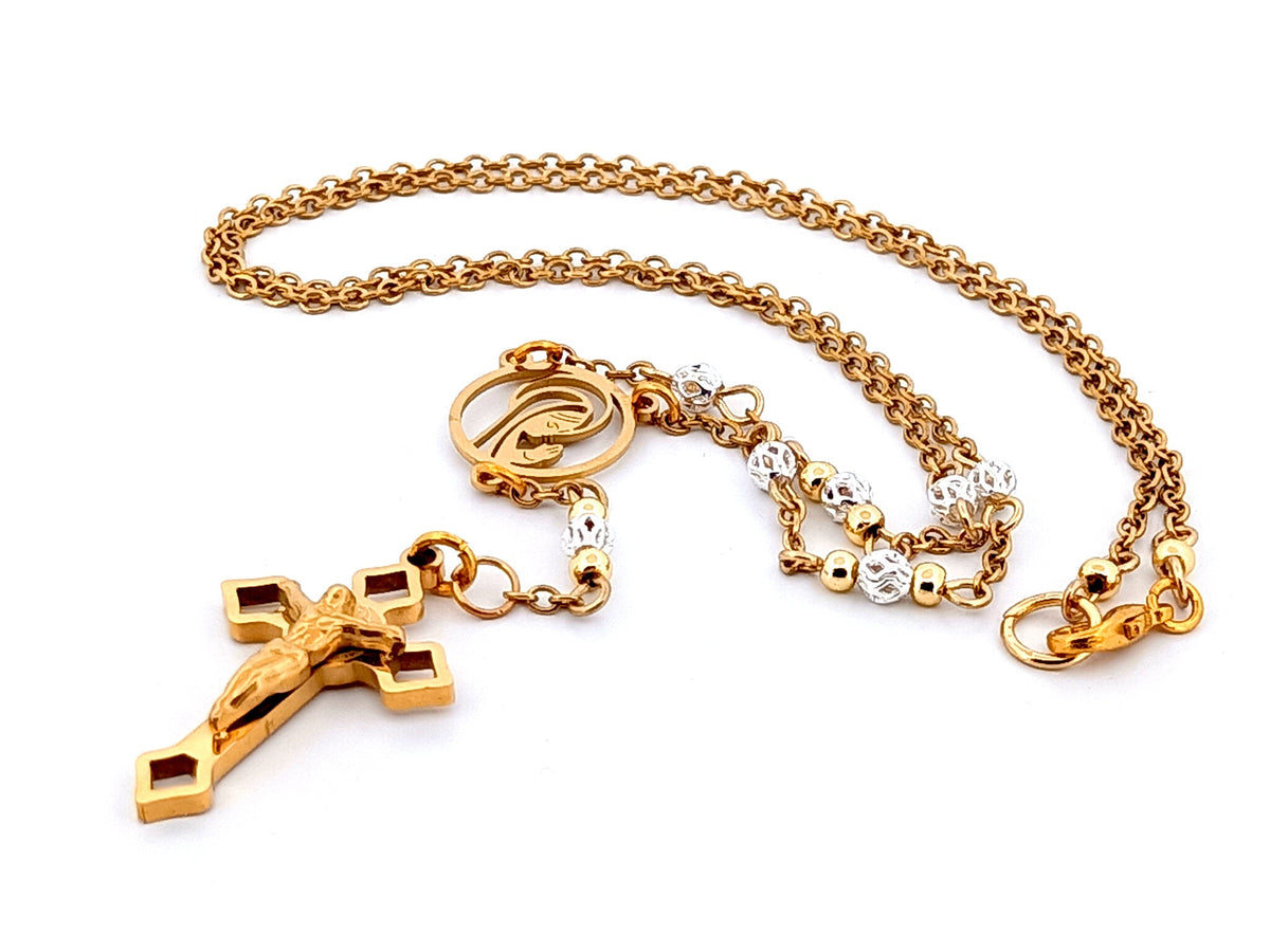 Praying Virgin Mary 925 sterling silver and 18K gold plated stainless steel necklace with small Saint Benedict crucifix.