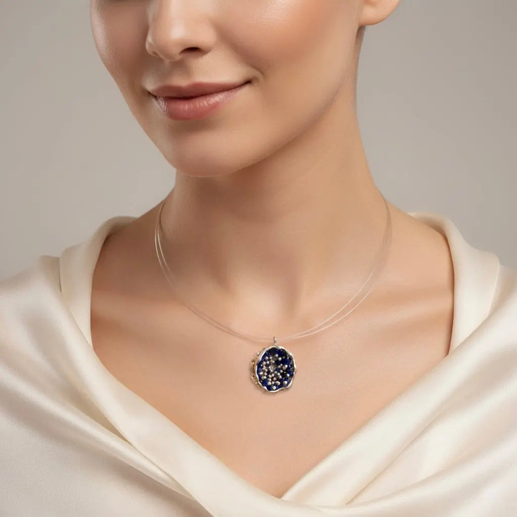 - Dance of Stamens Necklace Midi, Gold Plated Pendant with Lapis Lazuli