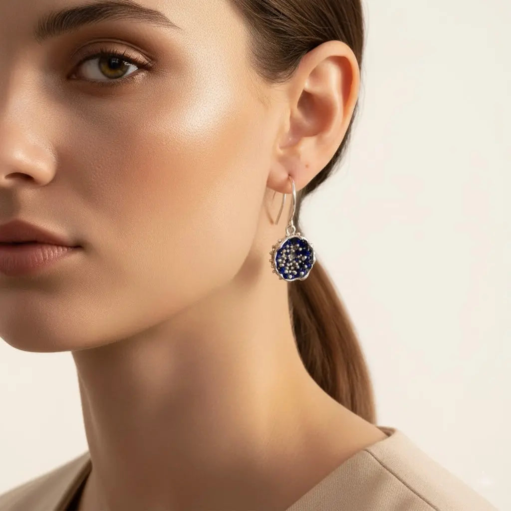 - Dance of Stamens Medium Earring, Silver Hollow Bezel with Mobile Semiprecious Stones Lapis Lazouli