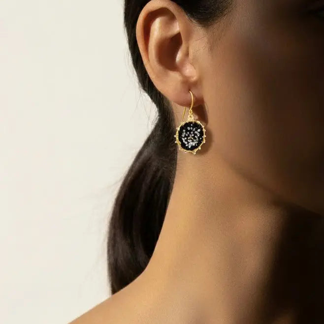 - Dance of Stamens Medium Earring, Gold Plated Hollow Bezel with Black Spinel