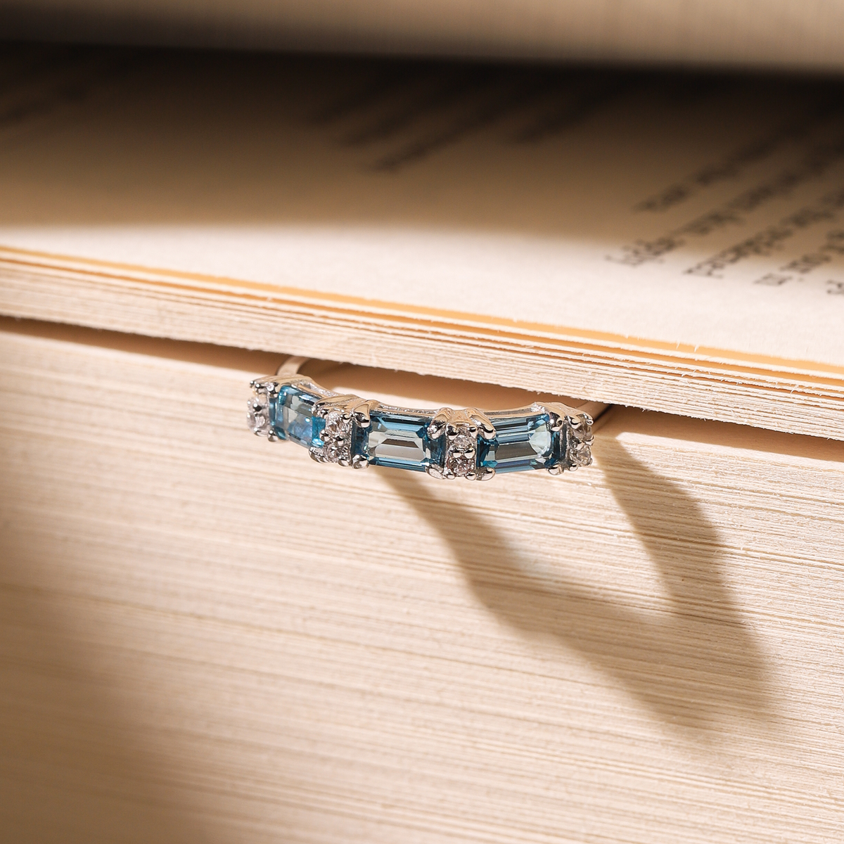 London Blue Topaz Emerald Cut Eternity Ring in Sterling Silver