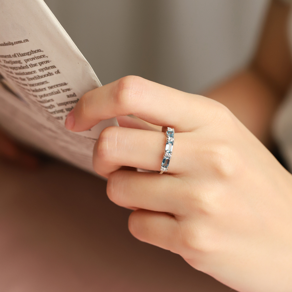 London Blue Topaz Emerald Cut Eternity Ring in Sterling Silver