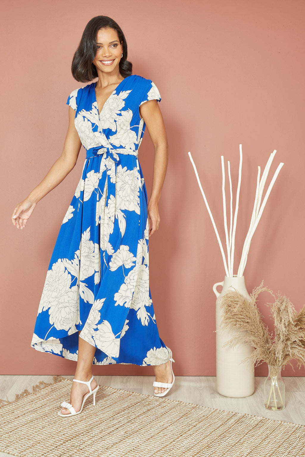 Yumi Blue Blossom Print Wrap Midi With Dipped Hem