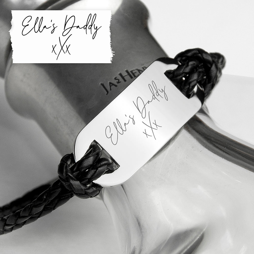 Personalised Handwriting Men's Black Leather Bracelet