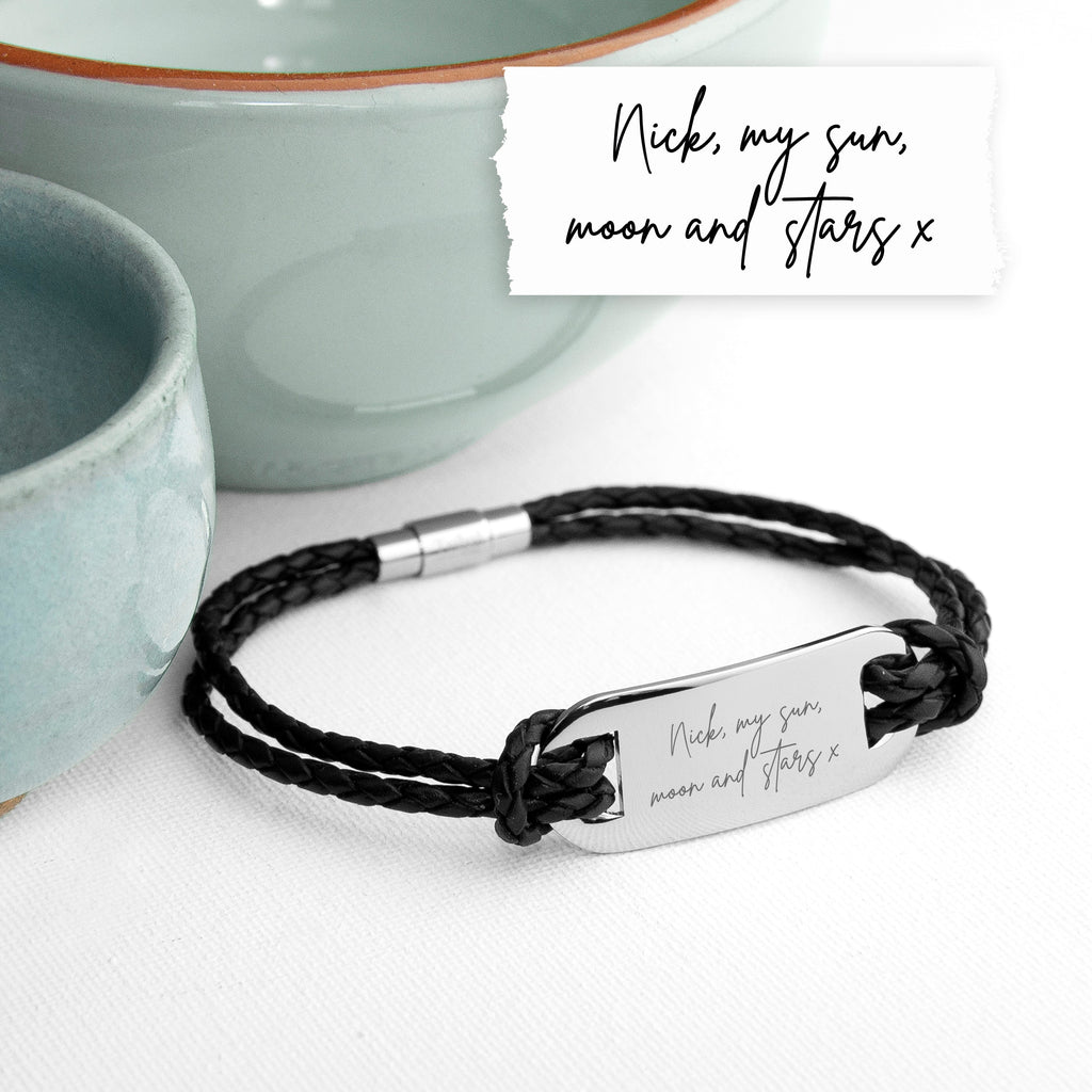 Personalised Handwriting Men's Black Leather Bracelet