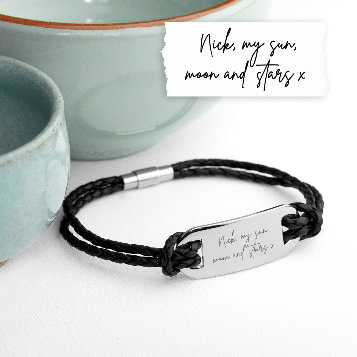 Personalised Handwriting Men's Black Leather Bracelet