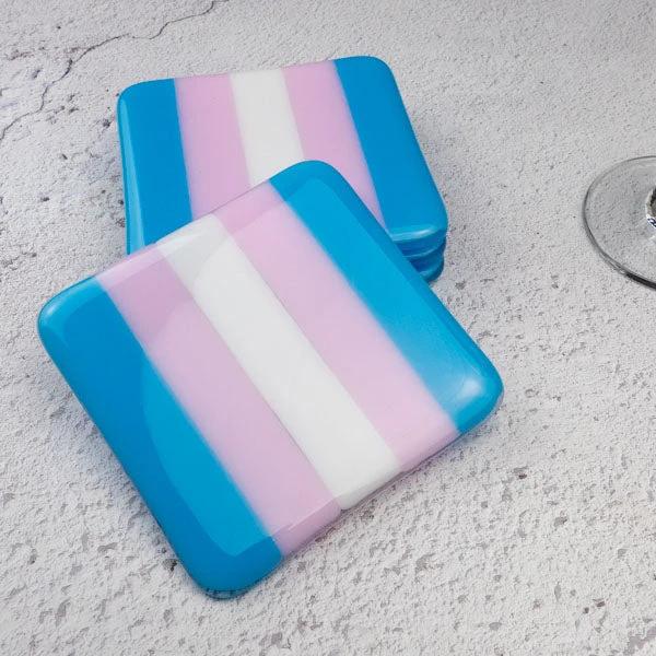 Transgender pride flag coasters, handmade British craft, vibrant blue pink white stripes
