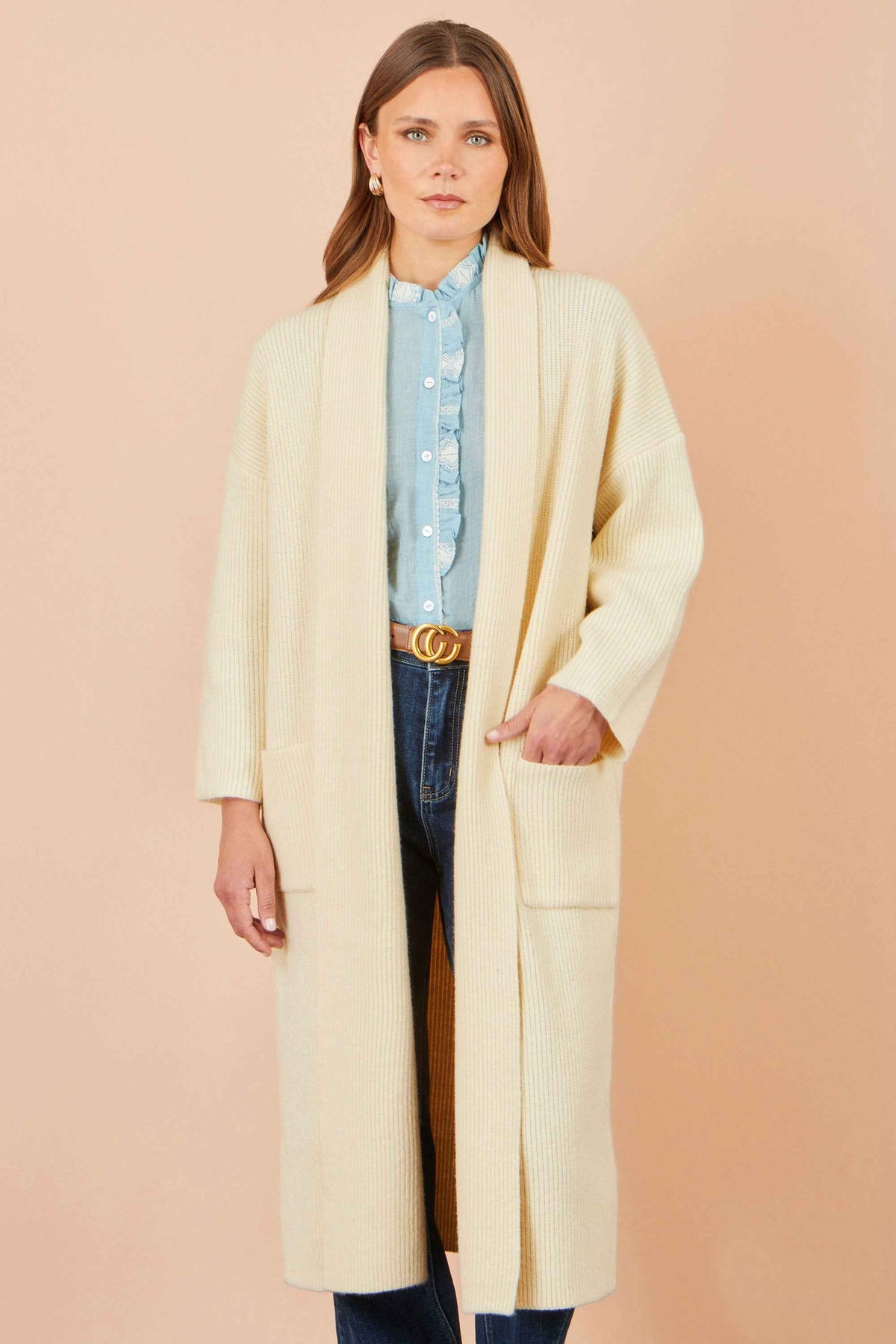 Yumi Ivory Knitted Maxi Cardigan With Pockets