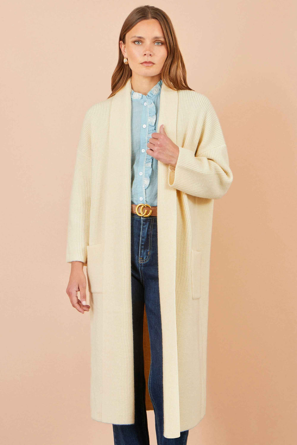 Yumi Ivory Knitted Maxi Cardigan With Pockets