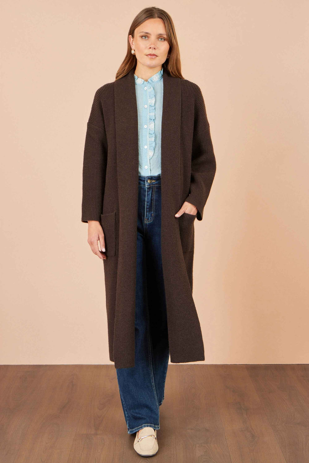 Yumi Brown Knitted Maxi Cardigan With Pockets