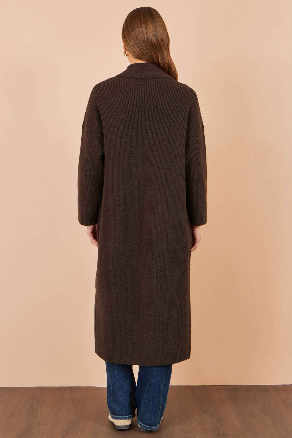 Yumi Brown Knitted Maxi Cardigan With Pockets