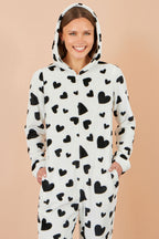Yumi White Heart Print Onesie With Pockets