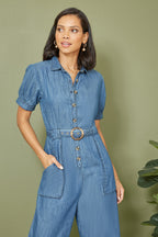Yumi Blue Cotton Chambray Button Up Jumpsuit