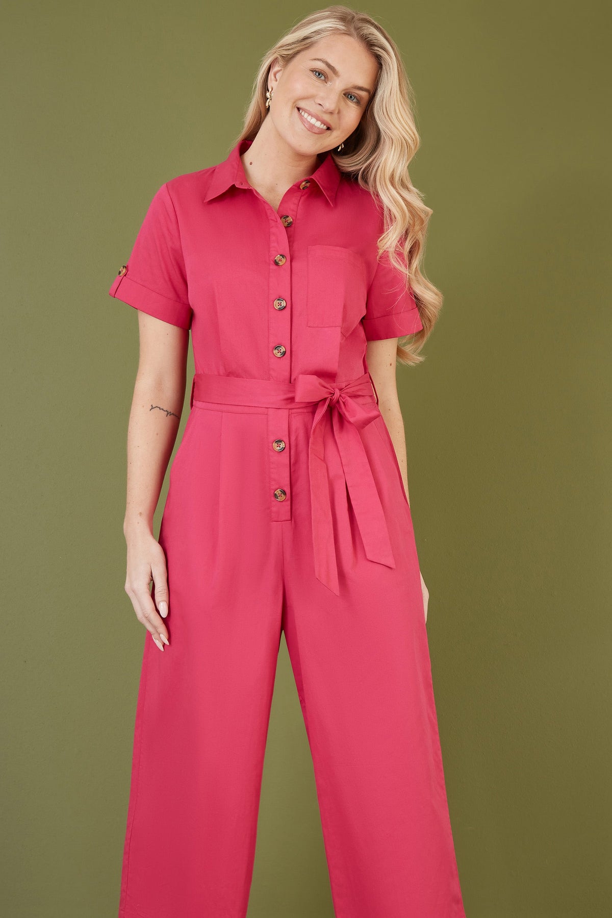Yumi Pink Viscose Twill Button Up Utility Style Jumpsuit