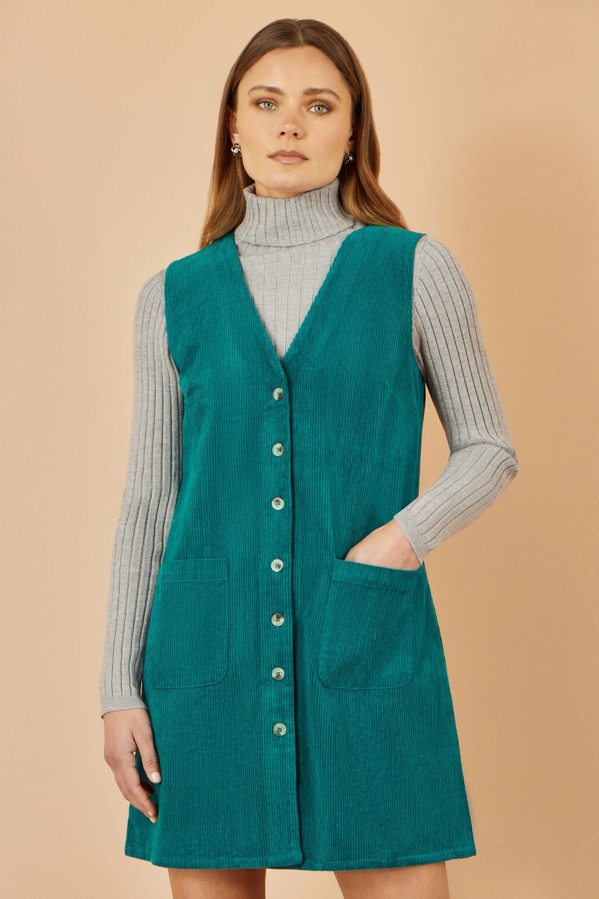 Yumi Teal Cord Button Through Pinafore Dress With Pockets