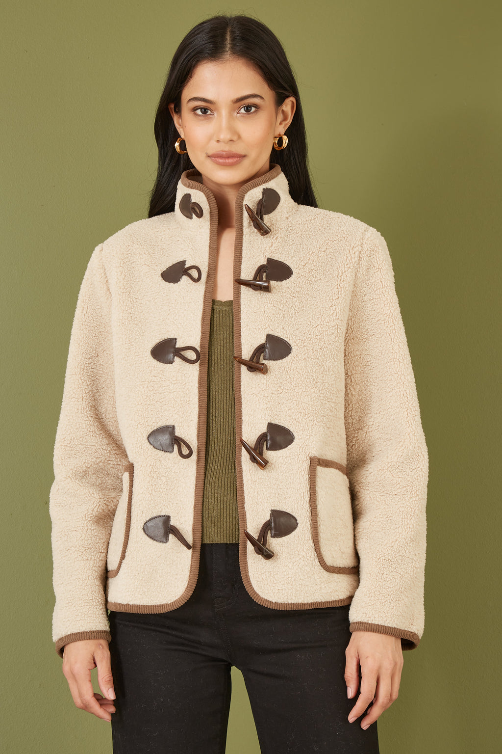 Yumi Cream Borg Jacket With Faux Leather Button Details
