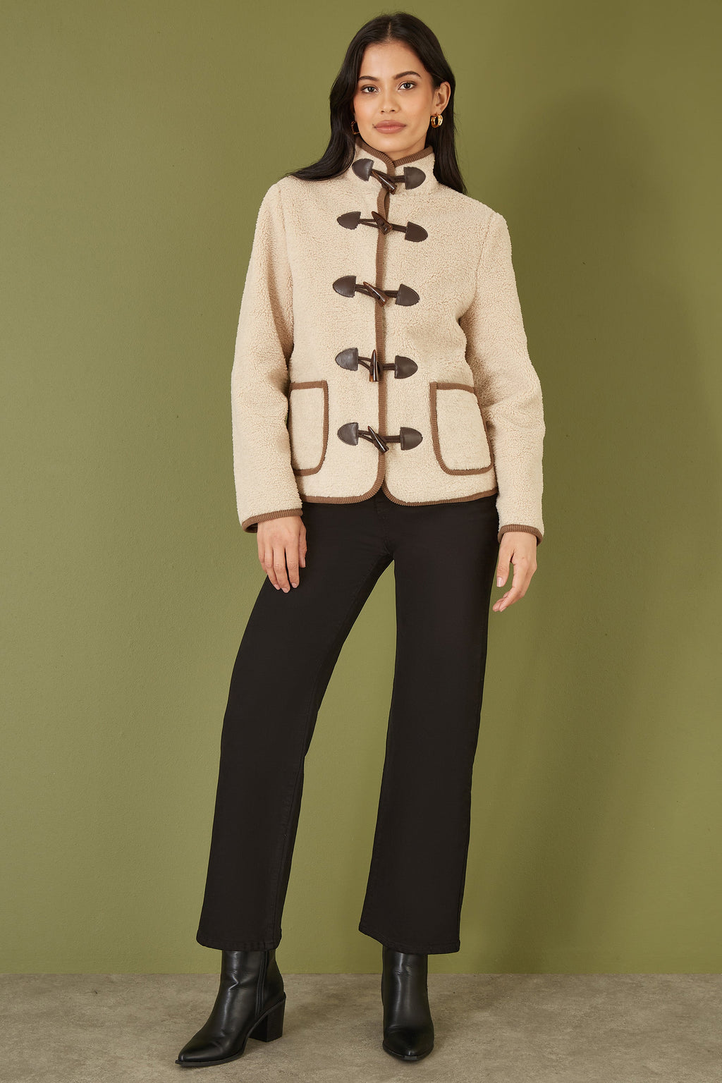 Yumi Cream Borg Jacket With Faux Leather Button Details