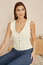 Yumi Beige V Neck Button Down Crochet Knitted Top