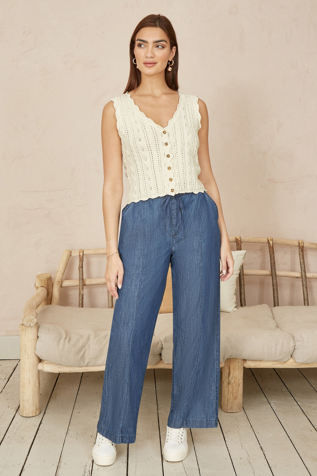 Yumi Beige V Neck Button Down Crochet Knitted Top
