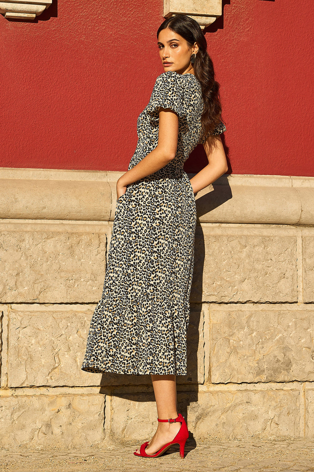 Yumi Brown Leopard Print Pleated Button Through Midi Dress